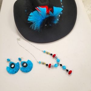 3 PIECE COWGIRL HAT ,NECKLACE & EARRINGS HANDMADE! NWTS
